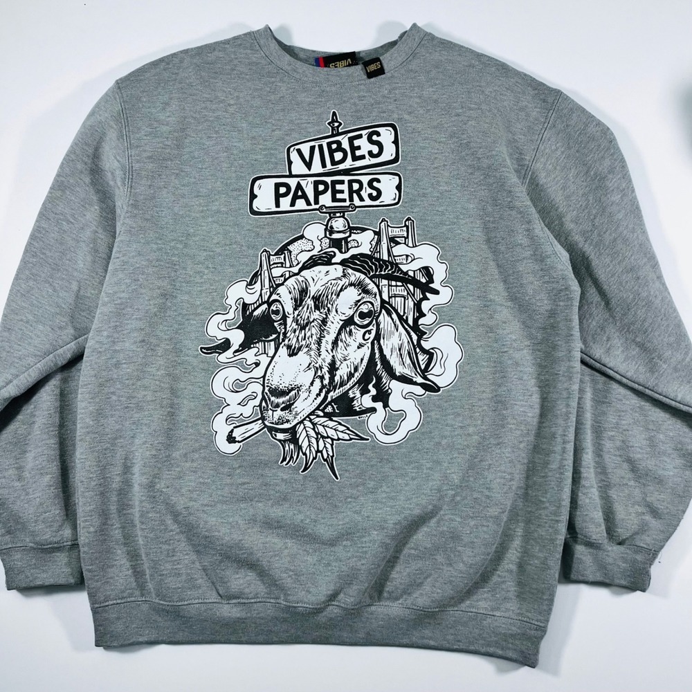 Vibes Papers Goat‎ Graphic Crewneck Sweatshirt Gray Large